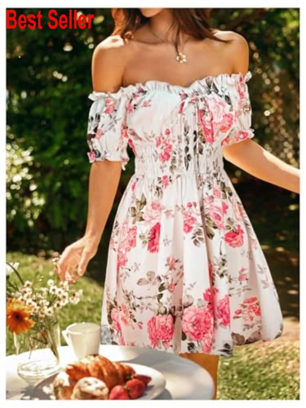 Polyester Off Shoulder Ruffle Puff Sleeve Smocked Short Dress - Picture 6 of 6